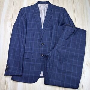 Banana Republic Vitale Barberis Wool Suit Glen Plaid Navy Mens 38S Slim 33x32